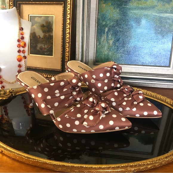 NWOB Vintage Gianni Bini Satin Polka Dot Heeled Mules - Picture 3 of 12